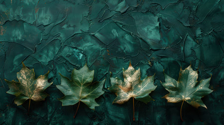 This image features a striking arrangement of maple leaves on a textured green background, creating a harmonious blend of nature and artistry, perfect for design projects.の素材