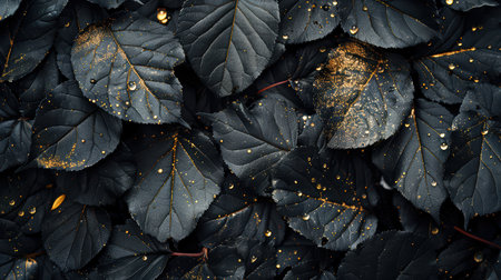 A captivating close-up of dark leaves adorned with sparkling raindrops and subtle gold dust, creating a rich and atmospheric background ideal for nature themes.の素材