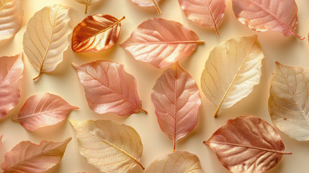 A beautiful flat lay of delicate rose gold leaves arranged on a soft cream background, perfect for decor, art, or seasonal design inspiration.の素材