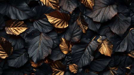 A captivating arrangement of dark leaves enhanced with golden accents, creating an elegant and striking visual texture. Ideal for nature-themed designs.の素材