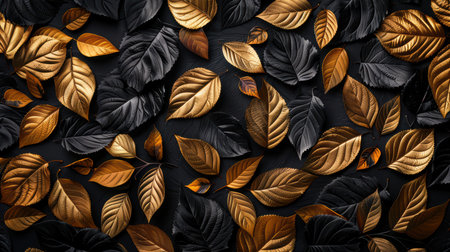 A stunning arrangement of gold and black leaves creates a rich, textured visual on a dark background, perfect for autumn-themed designs and nature-inspired projects.の素材