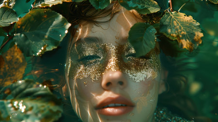 A captivating portrait of a serene woman submerged in water, surrounded by lush leaves and shimmering glitter. This artistic image evokes a sense of tranquility and beauty.の素材