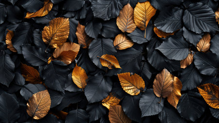 This captivating image features a composition of autumn leaves in rich golden and brown hues against a dark background, highlighting nature's beauty and seasonal transition.の素材