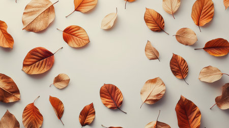A collection of autumn leaves in warm earthy tones scattered on a soft background, evoking nature's beauty and seasonal tranquility for creative projects.の素材