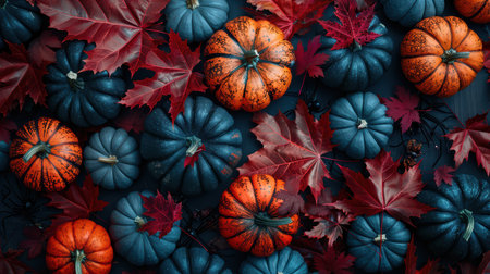 This vibrant overhead arrangement features colorful pumpkins and maple leaves on a dark background, perfect for seasonal decoration or fall-themed projects.の素材