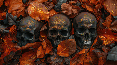 Three black skulls rest among colorful autumn leaves. The vibrant orange foliage adds a festive yet eerie touch. Glitter enhances this striking composition.の素材