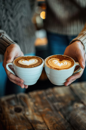 Two hands hold cups of coffee featuring intricate heart designs in latte art, showcasing warmth and sharing in a cozy cafe setting.の素材