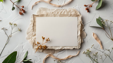 An elegant blank card set on textured paper with fresh flowers and green leaves, ideal for invitations, designs, or creative projects. Perfect for weddings or rustic themes.の素材