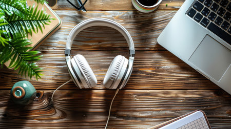 A top view of white headphones placed on a rustic wooden table. Nearby are a laptop, coffee mug, and a small plant, creating a stylish and creative workspace atmosphere.の素材