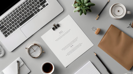 A modern workspace featuring a sleek laptop, neatly arranged documents, a cup of coffee, and decorative elements. Ideal for conveying productivity and creativity.の素材
