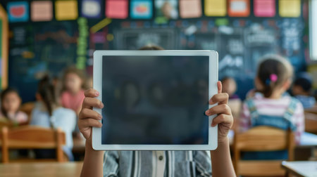 A young student holds a tablet up in a classroom setting, engaging with digital learning tools while classmates are seated in the background. The scene emphasizes modern education.の素材