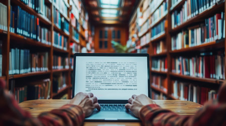 A person is actively typing on a laptop in a cozy library setting, surrounded by bookshelves filled with literature. The scene portrays a perfect workspace for studying or researching.の素材