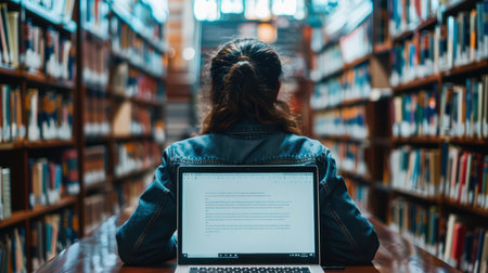 A student sits at a table in a library, focused on a laptop screen while surrounded by shelves of books, embodying a moment of academic dedication.の素材