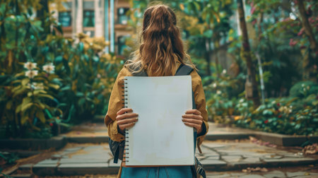 A young woman stands in a beautiful garden holding a blank sketchbook, ready to unleash her creativity. Surrounded by vibrant greenery, she enjoys nature's tranquility.の素材