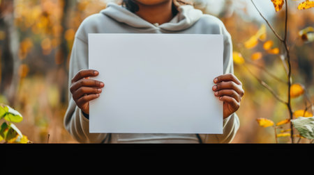 A young person stands in an autumn forest, holding a blank white paper, perfect for creative projects or presentations. Embrace nature's beauty and inspiration.の素材