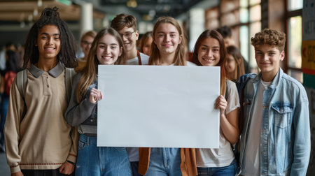 A group of diverse students poses in a school corridor, smiling widely while holding a blank sign. The image captures youthful energy and a sense of community.の素材