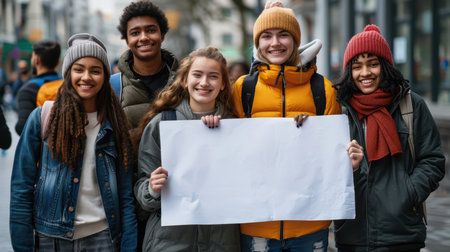 A joyful group of young friends poses with a blank sign in an urban environment, exuding excitement and positivity while showcasing unity and friendship.の素材