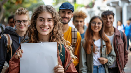 A vibrant group of young individuals smiles joyfully while holding a blank sign outdoors. This image captures the essence of friendship, diversity, and youthful energy.の素材