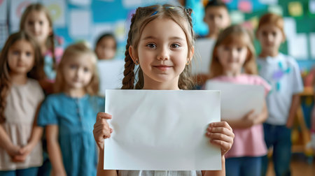 A cheerful girl stands in front of her classmates holding a blank sheet of paper, ready for a creative classroom activity, embodying joy and teamwork.の素材