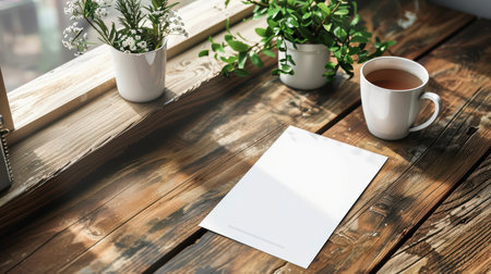 A serene workspace featuring a cup of coffee, green plants, and blank paper on a wooden table. Ideal for promoting creativity and relaxation in home office settings.の素材