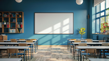 Bright and spacious modern classroom featuring blue walls, well-organized furniture, and abundant natural light, perfect for inspiring creativity and learning.の素材