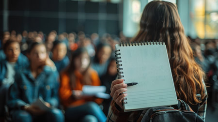 A student sits in a bustling classroom, holding a blank notebook and pen, ready to take notes during an engaging lecture. The atmosphere emphasizes learning and education.の素材