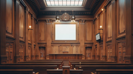 This image showcases an elegant wooden courtroom interior, featuring rich wood paneling and a serene ambiance, perfect for illustrating themes of justice and law.の素材