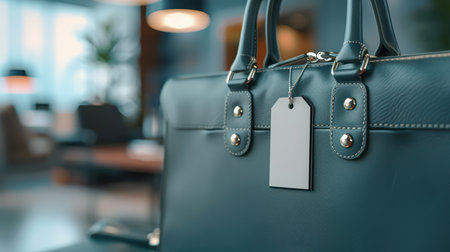 A close-up view of an elegant leather bag with a price tag, set against a modern office background, showcasing sophistication and style in a professional environment.の素材