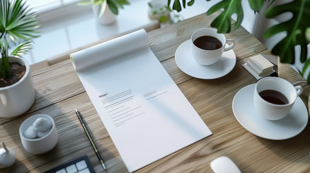 A cozy workspace featuring two coffee cups, a notepad, and potted plants. This inviting setup inspires creativity and productivity in a tranquil environment.の素材