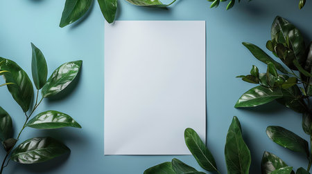 A stylish flat lay showcasing a blank sheet of paper surrounded by vibrant green leaves. Perfect for branding, stationery design, or nature-themed projects.の素材