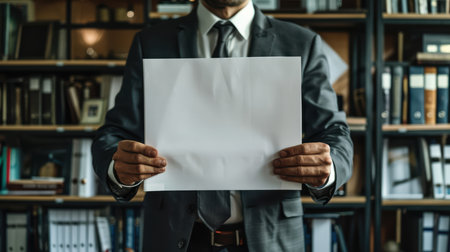 A businessman dressed in a suit holds a blank document in a professional office environment, conveying a sense of readiness and opportunity for discussion or presentation.の素材