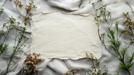 This image features a crumpled blank paper surrounded by delicate flowers on soft fabric. Perfect for stationery, invitations, or creative projects.の素材