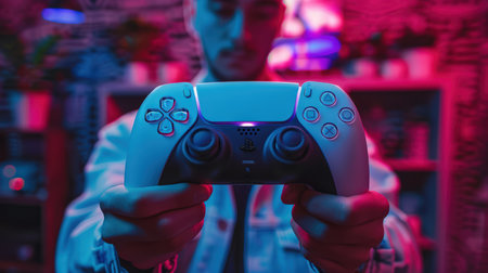 A young gamer holds a modern game controller in a vibrant neon-lit environment. The image captures a moment of passion and engagement in gaming culture.の素材
