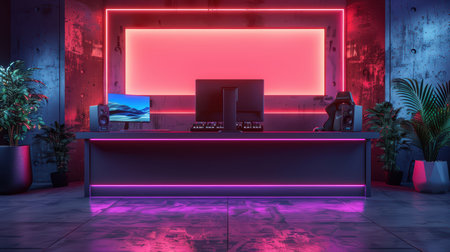 A visually striking modern gaming setup featuring neon lights and stylish decor. Perfect for creating a vibrant and inspiring workspace with sleek technology.の素材