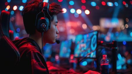 A young gamer intensely competing in an esports tournament, surrounded by vibrant lights and screens, epitomizes the excitement and thrill of digital gaming battles.の素材