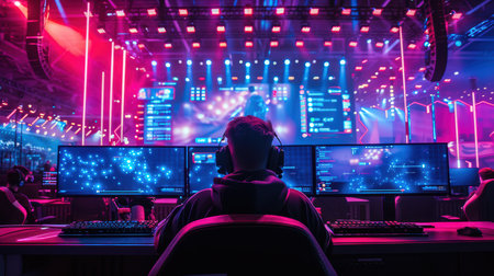 A dedicated gamer sits focused in front of multiple screens at an esports event. Colorful lights illuminate the scene, creating an energetic atmosphere for the audience.の素材