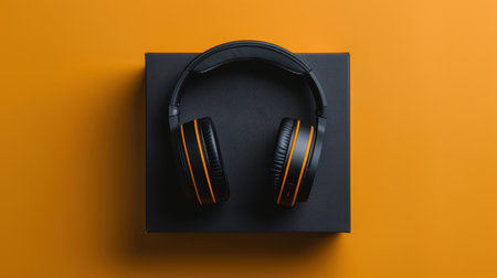 A sleek pair of black headphones with vibrant orange accents rests on a dark box against a bright orange background. Perfect for music lovers and technology enthusiasts.の素材