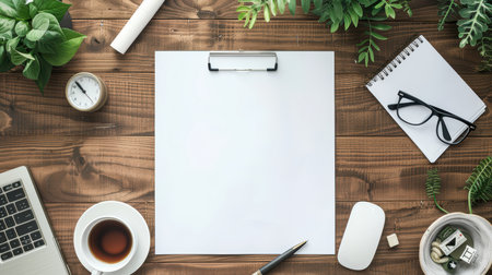 A stylish workspace scene featuring a clipboard, notebook, glasses, and coffee, perfect for creativity and productivity. Ideal for home office inspiration.の素材