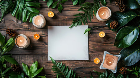 A serene arrangement featuring glowing candles, lush green leaves, and a blank piece of paper set on a wooden surface, perfect for notes or inspiration.の素材