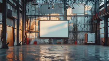 Spacious industrial area featuring a large blank screen and polished concrete floor. Ideal for creative projects, presentations, or film productions in urban settings.の素材