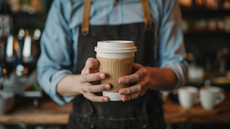 A skilled barista presents a takeaway coffee cup in a charming cafe. The scene captures the essence of coffee culture and warm hospitality.の素材
