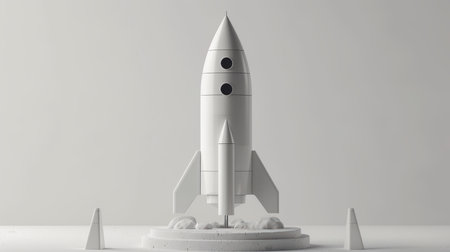 This image features a minimalist white rocket model set against a gray background, symbolizing technology, innovation, and the quest for exploration in a modern aesthetic.の素材