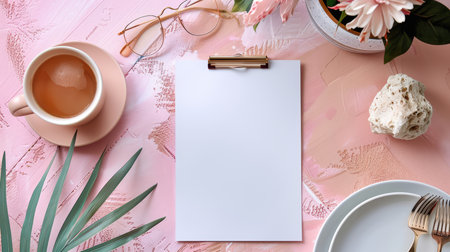A serene minimalist workspace featuring a cup of coffee, a notepad, and a vibrant floral arrangement on a pastel pink surface, perfect for inspiration and creativity.の素材