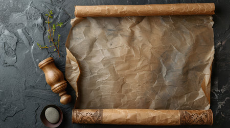 A vintage scroll featuring a crumpled texture and decorative edges, perfect for art projects or invitations. Ideal for rustic themes and creative designs.の素材