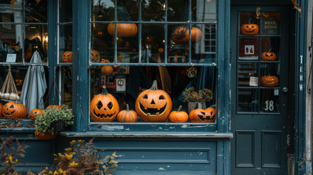 A delightful Halloween scene featuring a variety of carved pumpkins in a storefront window. The vibrant orange hues create a warm and inviting atmosphere for the autumn season.の素材