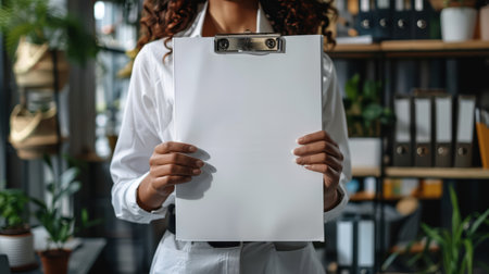 A professional woman stands in a modern office, holding a blank clipboard. This image emphasizes workspace organization, ideal for business-related themes and presentations.の素材