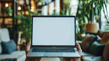 A person holds a blank laptop screen in a stylish workspace filled with plants and modern furniture. Ideal for themes of remote work, creativity, and technology.の素材