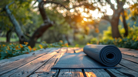 A tranquil scene featuring a yoga mat on a wooden surface, surrounded by nature at sunrise. Ideal for promoting wellness, fitness, and mindfulness activities.の素材