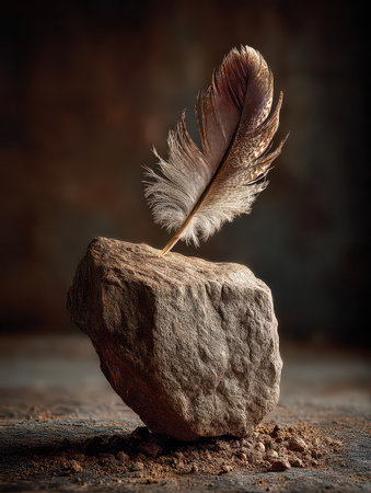 A delicate feather gracefully balances on a rough stone, creating a striking visual composition that embodies themes of fragility and strength in natureの素材