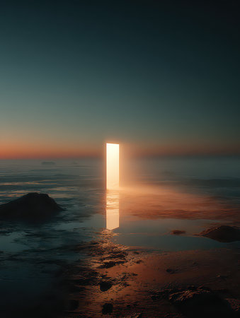 A surreal doorway opens to a tranquil landscape at sunset, casting warm light over still water, inviting exploration and evoking a sense of mystery and beauty.の素材